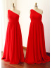 One Shoulder Red Chiffon Pleated Bridesmaid Dress